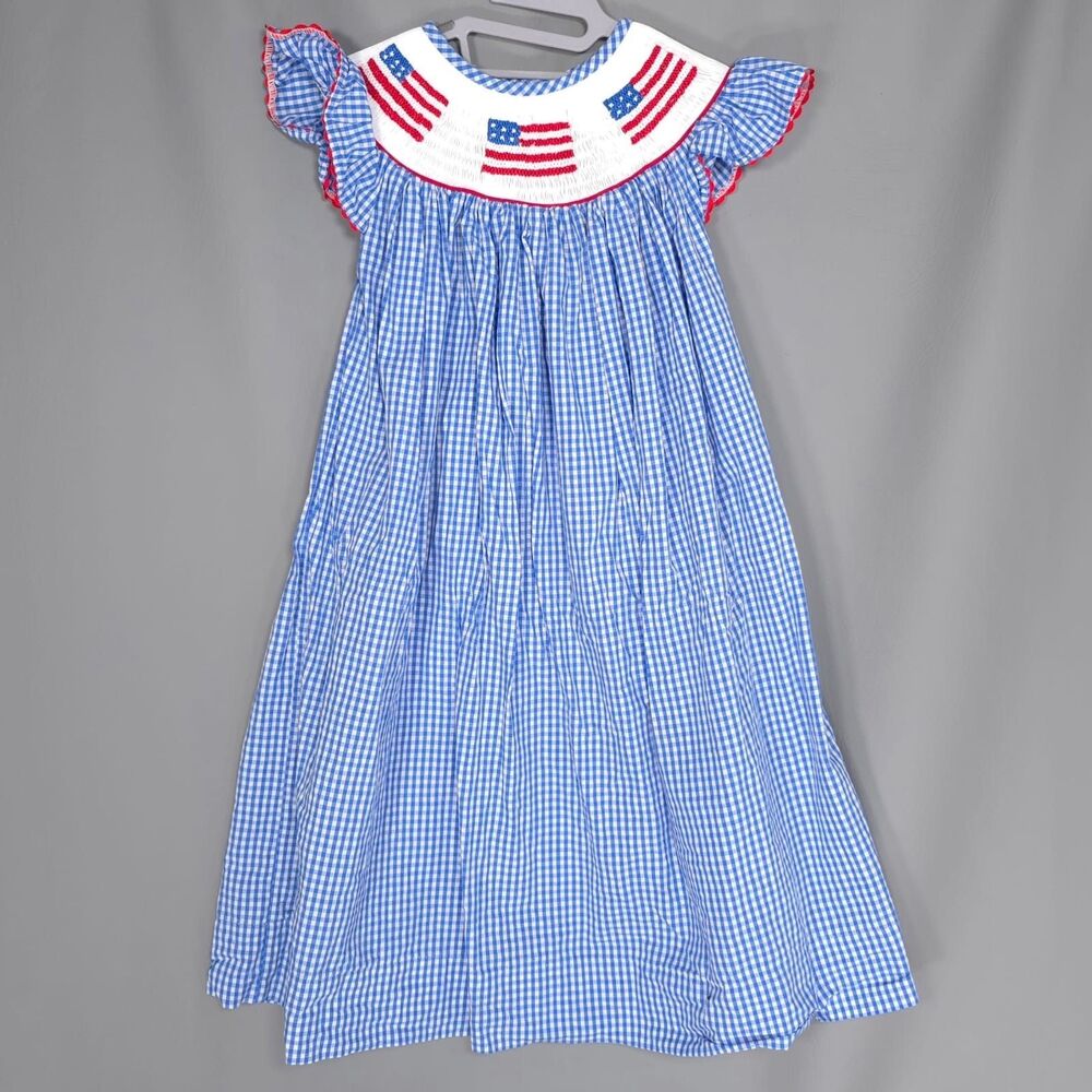 PLEATS & STITCHES Kids Girls Smocked Dress 5 USA Flags Check Blue 100% HANDMADE